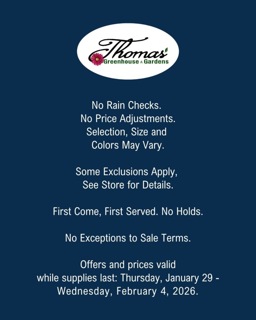 No Rain Checks. No Price Adjustments. Selection, Size and Colors May Vary. Some Exclusions Apply, See Store for Details. First Come, First Served. No Holds. No Exceptions to Sale Terms. Offers and prices valid while supplies last: Thursday, January 29 - Wednesday, February 4, 2026.